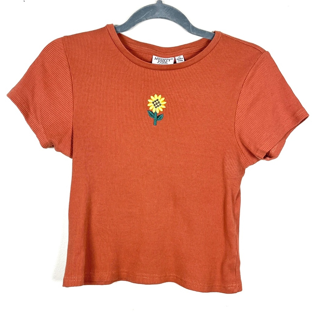 Orange flower embroidery ribbed knit top